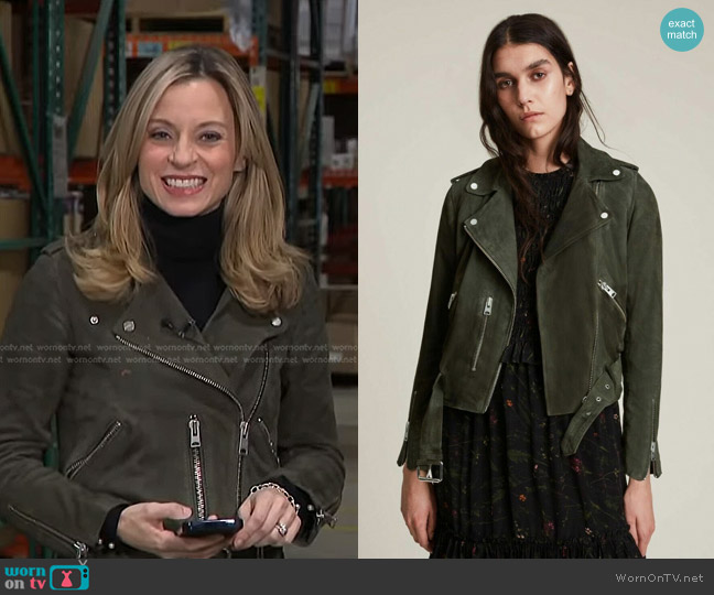All Saints Balfern Leather Biker Jacket in Dark Army Green worn by Courtney Reagan on NBC News Daily