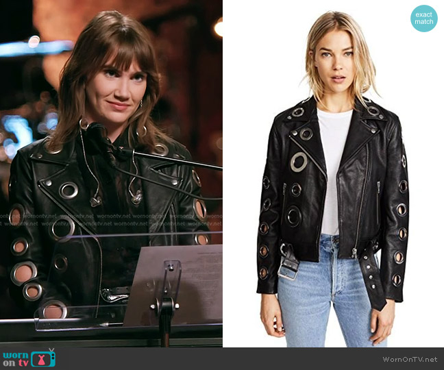 Kendall + Kylie Grommet Leather Jacket in Black worn by Lila Forde on The Voice