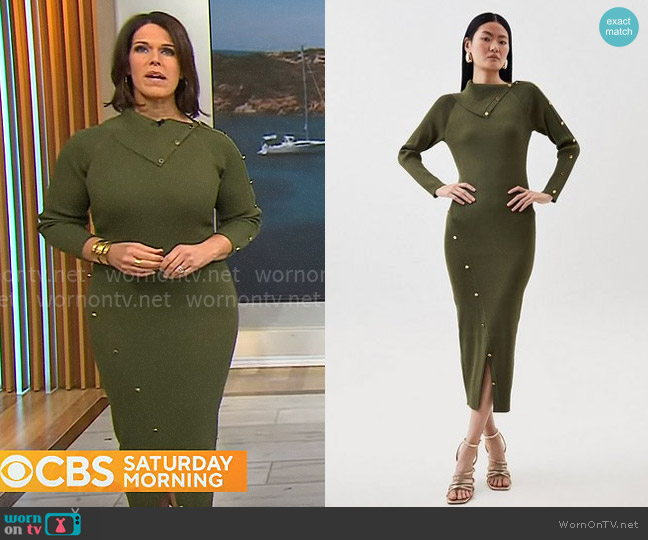 Karen Millen Viscose Blend Rib Envelope Neck Knit Midi Dress in Khaki worn by Dana Jacobson on CBS Mornings