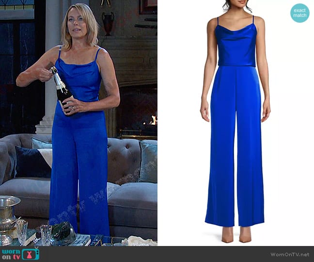 Liv Foster Sleeveless Satin Wide-Leg Jumpsuit in Azure worn by Nicole Walker (Arianne Zucker) on Days of our Lives