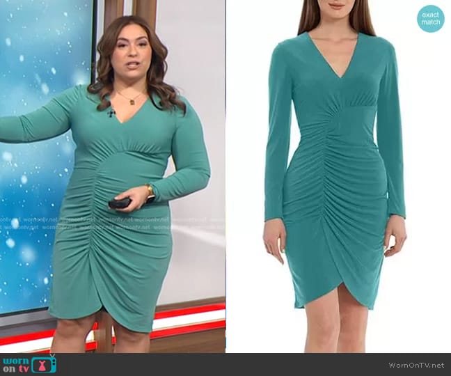 Maggy London Ruched Long Sleeve Sheath Dress in Green Blue Slate worn by Violeta Yas on NBC News Daily