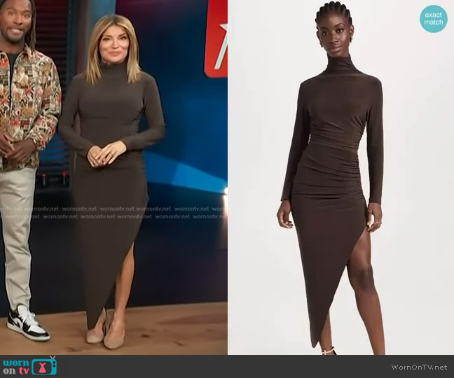Norma Kamali Turtle Neck Side Drape Gown in Chocolate worn by Kit Hoover on Access Hollywood