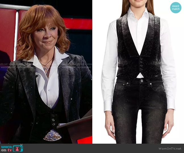 Ralph Lauren Collection Huston Embellished Vest in Gloss Black worn by Reba McEntire on The Voice