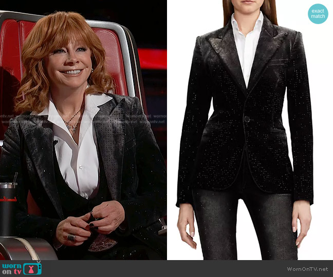 Ralph Lauren Collection Kaley Embellished Blazer in Gloss Black worn by Reba McEntire on The Voice