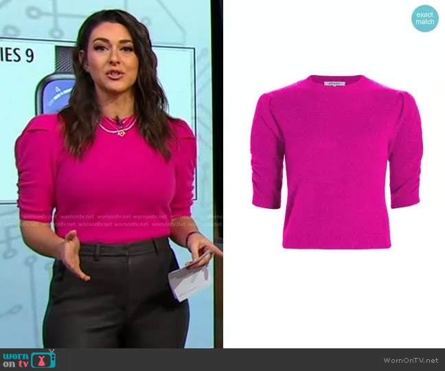 Frame Ruched Sleeve Cashmere-Wool Sweater in Magenta worn by Erielle Reshef on Good Morning America