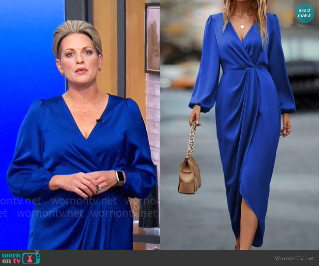 Shein Frenchy Lantern Sleeve Twist Front Wrap Hem Satin Dress worn by Jamie Yuccas on CBS Mornings