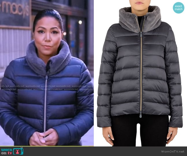 Save The Duck Mei Faux Fur Collar Puffer Jacket in Grey worn by Stephanie Ramos on Good Morning America