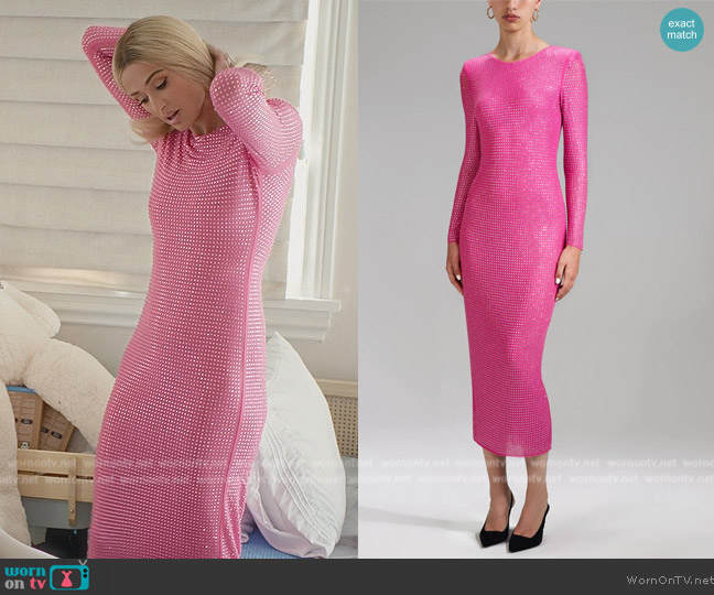 Self Portrait Pink Rhinestone Mesh Midi Dress worn by Paris Hilton on Paris in Love