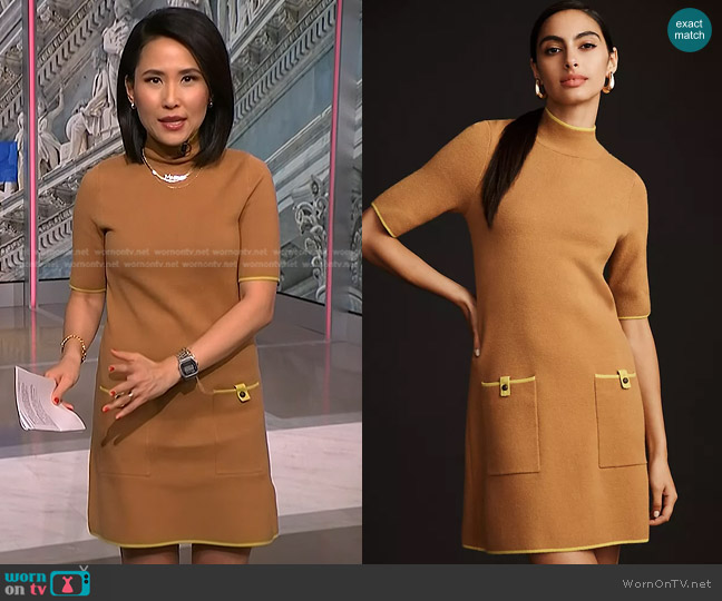 Maeve The Annalise Mock-Neck Mini Sweater Dress in Cedar worn by Vicky Nguyen on NBC News Daily