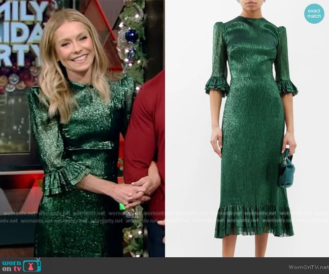 The Vampires Wife The Falconetti ruffled metallic silk-blend dress worn by Kelly Ripa on Live with Kelly and Mark