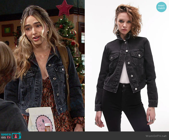 Topshop Tilda Crop Denim Jacket in Washed Black worn by Holly Jonas (Ashley Puzemis) on Days of our Lives