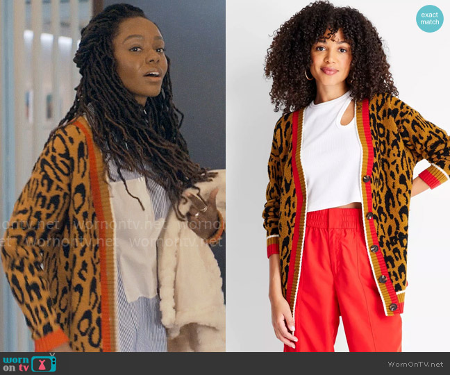 Future Collective™ with Kahlana Barfield Brown Varsity Cardigan worn by Hazel-May McCall (Ashleigh Murray) on The Other Black Girl