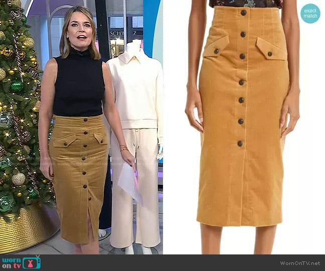 Veronica Beard Barrie Corduroy Midi Skirt in Khaki worn by Savannah Guthrie on Today