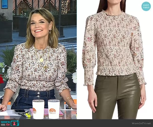Veronica Beard Kali Floral Smocked Blouse in Ecru Multi worn by Savannah Guthrie on Today