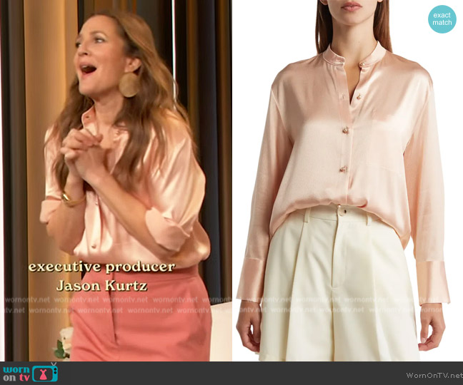 Vince Relaxed Band Collar Button-Up Shirt worn by Drew Barrymore on The Drew Barrymore Show