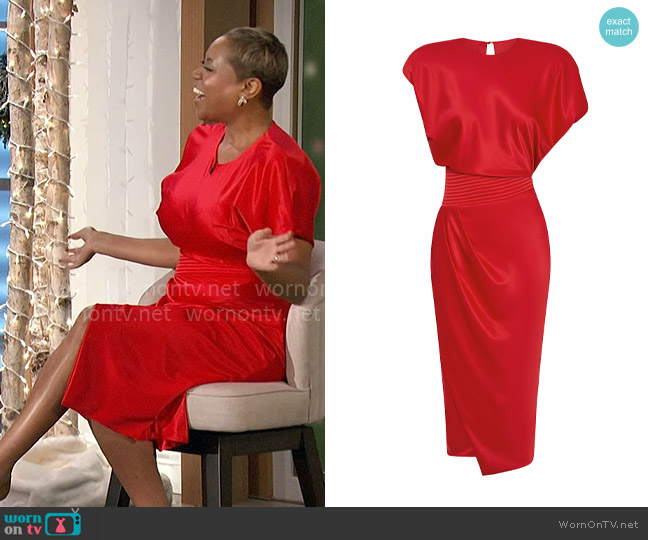 Zhivago Bond Satin Pleated Asymmetric Midi-Dress in Cherry worn by Monique Kelley on The Talk