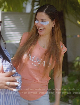 Adriana’s pink Balmain logo top on The Real Housewives of Miami