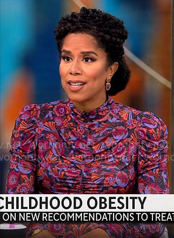 Adriana Diaz’s floral ruched long sleeve dress on CBS Mornings