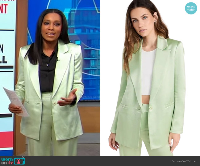 Alice + Olivia Denny Notch Collar Boyfriend Blazer in Green Tee worn by Rachel Scott on Good Morning America