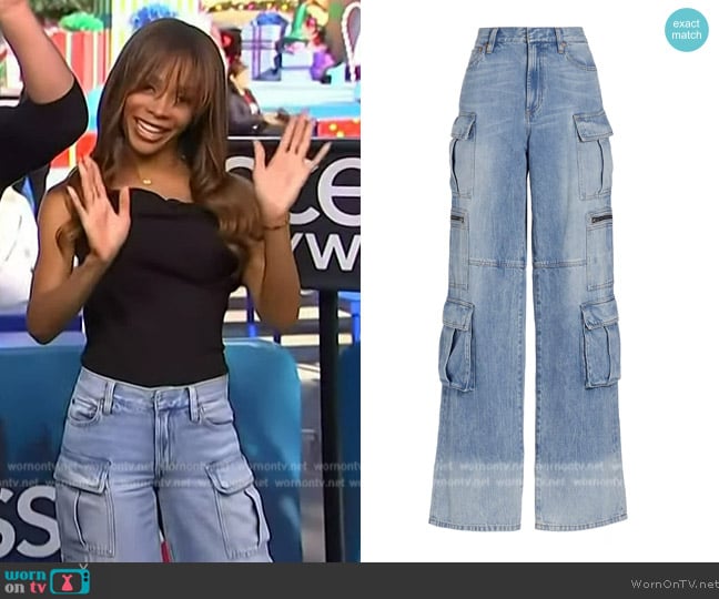 Alice + Olivia Cay Baggy Denim Cargo Pants worn by Zuri Hall on Access Hollywood