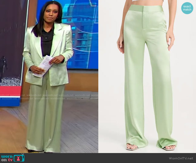 Alice + Olivia Deanna Hw Bootcut Slim Pants in Green Tee worn by Rachel Scott on Good Morning America