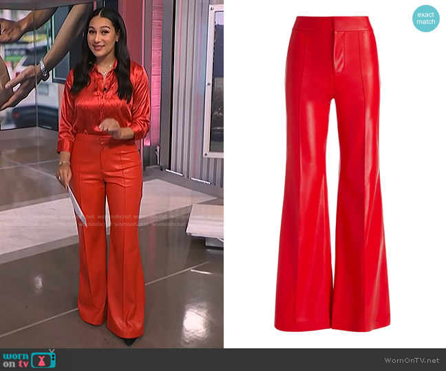 Alice + Olivia Dylan Wide Leg Faux Leather Pants in Bright Ruby worn by Morgan Radford on NBC News Daily