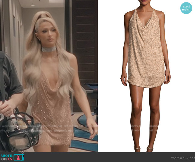 Alice + Olivia Krystal Embellished Halter Mini Cocktail Dress worn by Paris Hilton on Paris in Love