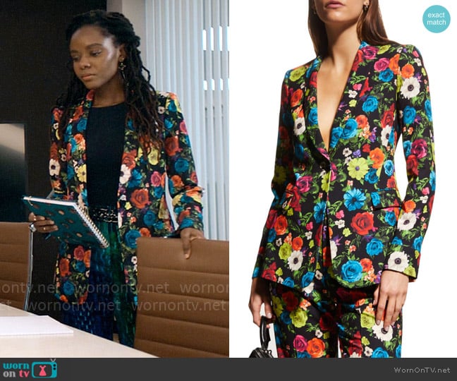 Alice + Olivia Macey Blazer in Flower Garden worn by Hazel-May McCall (Ashleigh Murray) on The Other Black Girl