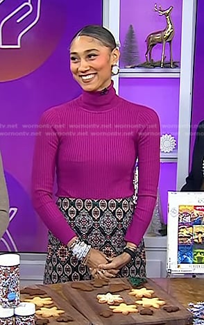 Ally’s magenta turtleneck sweater and printed mini skirt on Today