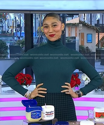 Ally’s teal ribbed turtleneck sweater and houndstooth skirt on Today