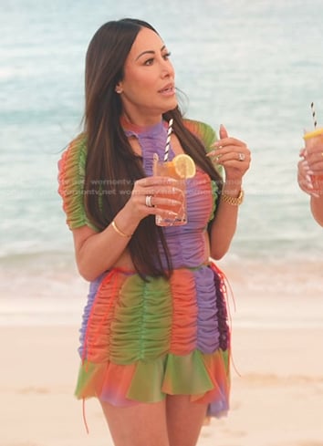 Angie’s rainbow ruched sheer top and mini skirt on The Real Housewives of Salt Lake City