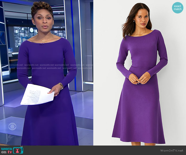 Ann Taylor Boatneck Sweater Dress in Vibrant Thistle worn by Jericka Duncan on CBS Evening News
