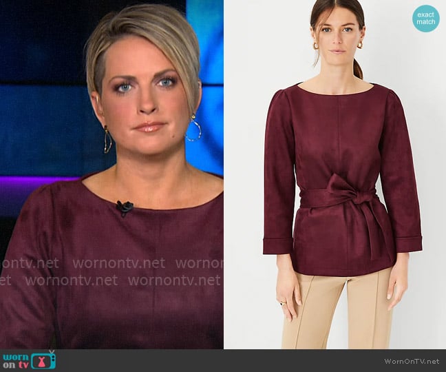 Ann Taylor Faux Suede Mixed Media Belted Boatneck Top in Smoked Garnet worn by Jamie Yuccas on CBS Mornings