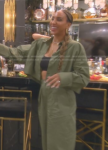 Annemarie’s green cropped shirt and pants on The Real Housewives of Beverly Hills