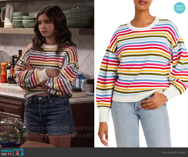Aqua Striped Crew Neck Sweater worn by Grace Kearney (Sofia Capanna) on Extended Family