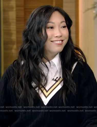 Awkwafina’s varisty stripe sweater and skirt on Live with Kelly and Mark
