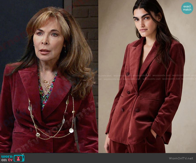 Banana Republic Wooster Velvet Blazer in Cranberry Cocktail worn by Kate Roberts (Lauren Koslow) on Days of our Lives
