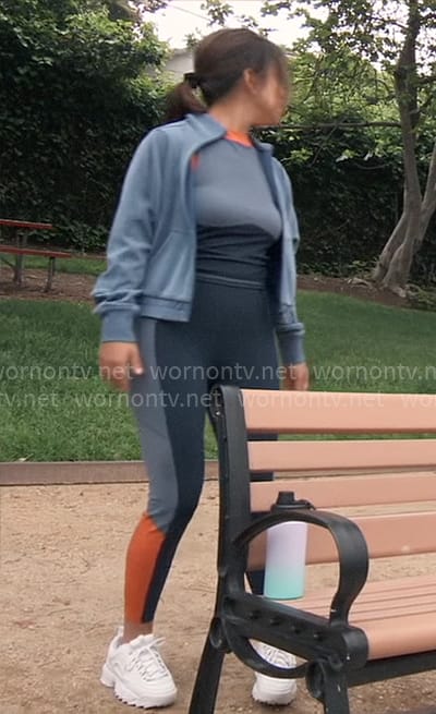 Blaze’s blue and orange workout tank top and leggings on General Hospital