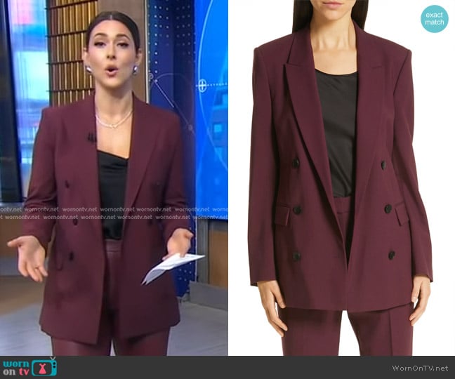 Boss Jalorra Double Breasted Suit Jacket in Dark Berry worn by Erielle Reshef on Good Morning America