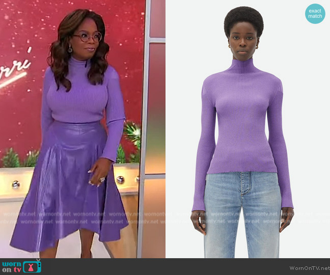 Bottega Veneta Light seamless silk ribbed high neck sweater worn by Oprah Winfrey on Sherri