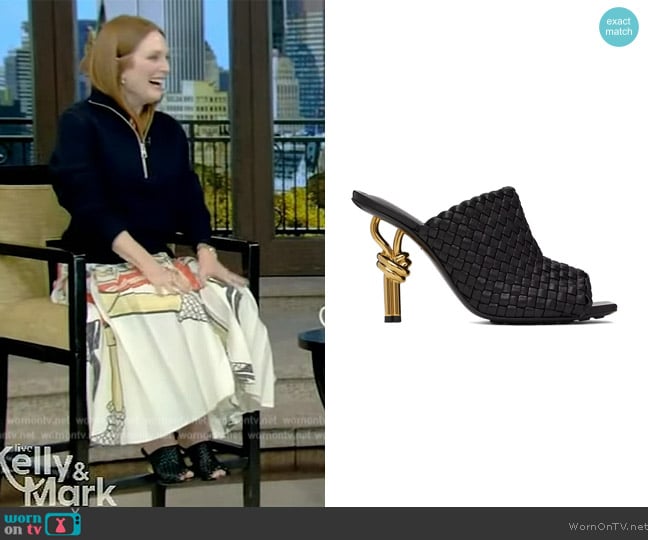 Bottega Veneta 90mm Mini Weave Nappa Leather Knot Mule Sandals worn by Julianne Moore on Live with Kelly and Mark