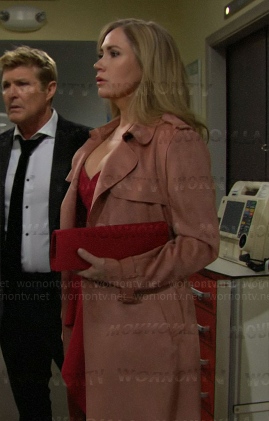 Bridget’s pink suede trench coat on The Bold and the Beautiful
