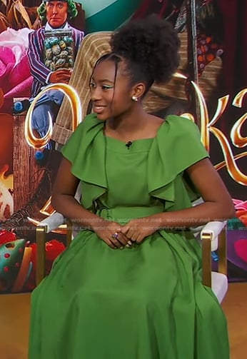 Calah Lane’s green ruffle belted dress on Good Morning America
