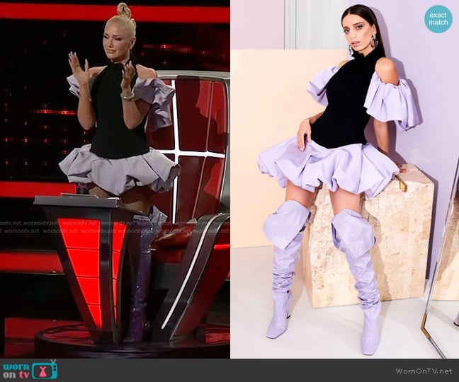 Christian Siriano Cold Shoulder Bubble Hem Mini Dress in Black worn by Gwen Stefani on The Voice