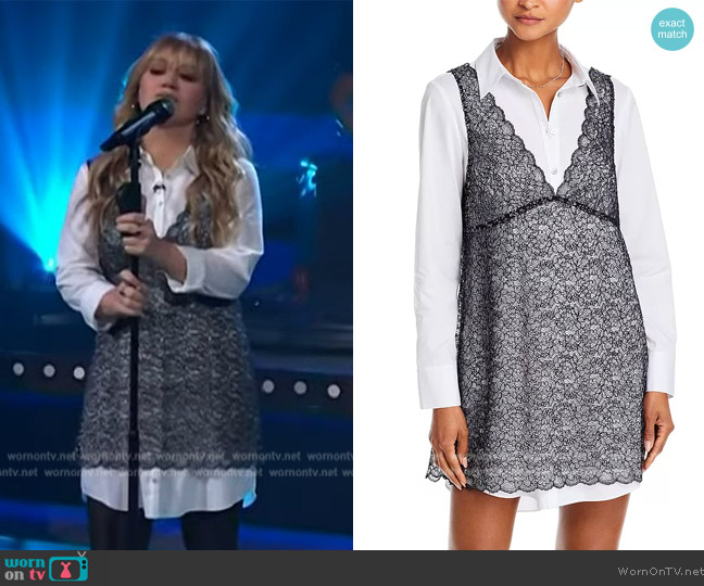 Cinq a Sept Catalina Lace Metallic Mixed Media Dress worn by Kelly Clarkson on The Kelly Clarkson Show