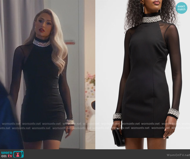Cinq a Sept Loretta Jewel Embellished Combo Mini Dress worn by Paris Hilton on Paris in Love