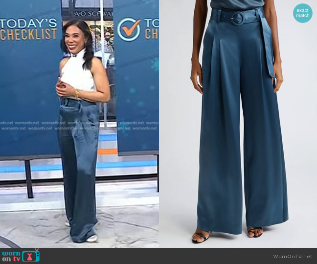 Cinq a Sept Shauna Belted Satin Wide Leg Pants in Onyx worn by Vanessa Rissetto on Today