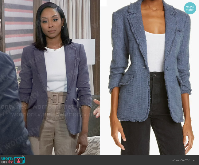 Cinq a Sept Khloe Boucle Blazer in Shadow worn by Jordan Ashford (Tanisha Mariko Harper) on General Hospital