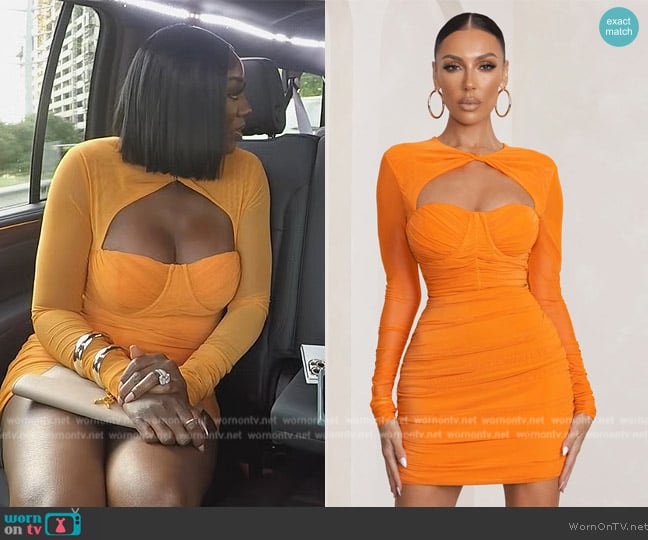 Club L London Daiquiri Orange Cut Out Ruched Dress worn by Wendy Osefo on The Real Housewives of Potomac