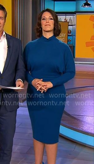 Dana Jacobson’s teal blue knit dress on CBS Mornings